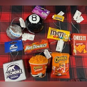 8 Food Christmas Ornaments lot Cheetos Cheezit’s Kiss Magic 8 Ball Hot Tamales